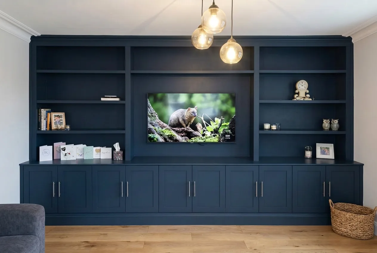 Navy TV & bookshelf wall
