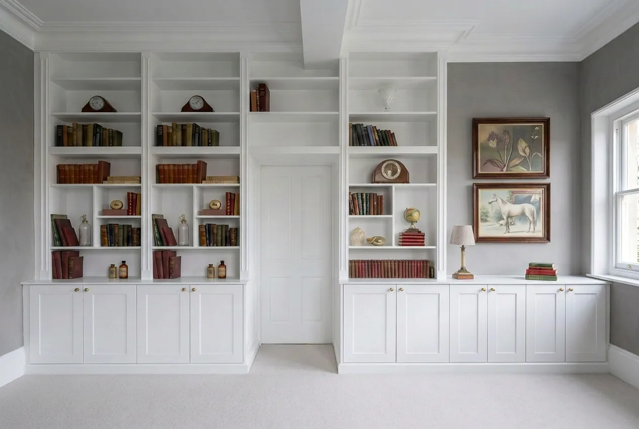 Bespoke bookshelves and cabinetry framing a doorway, with open display shelving and cupboards below